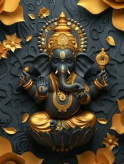 Stunning sculpture of Lord Ganesha with intricate golden details against a dark floral backdrop.