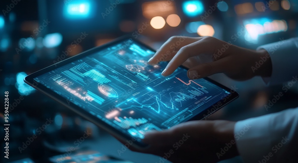 Leinwandbilder Close-up of a person's hands using a tablet to analyze data with graphs and charts displayed on the screen.
