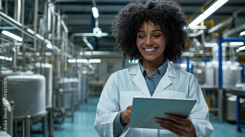Poster smiling woman in lab coat using tablet in factory setting