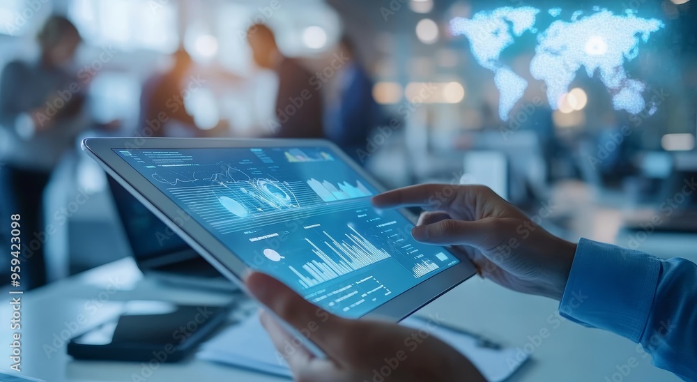 Poster a businessman uses a tablet in an office with a digital world map hologram above the tablet screen.