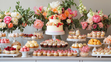 Lavish Dessert Table with Cakes, Cupcakes, and Floral Decor