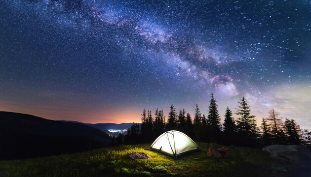 A tent with light in forest on mountain at night with starry milky way galaxy in the sky for outdoor adventure lifestyle, camping product background - Powered by Adobe