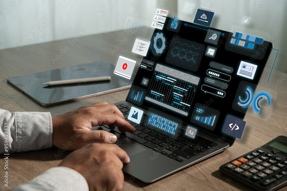 Aufkleber analysis for process workflow flowchart businessman in background