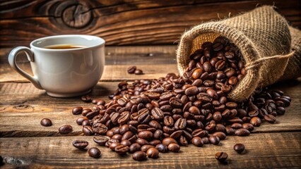 Coffee beans spilled out from a bag next to a ceramic cup, aroma, caffeine, morning, espresso, latte, mocha, roasting