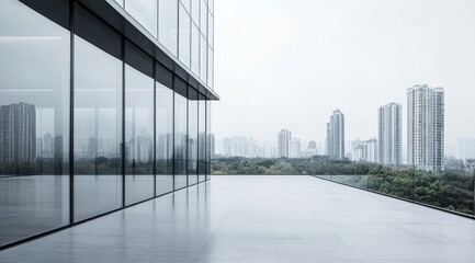 Fototapeta premium Empty rooftop terrace with cityscape view and glass wall of modern building.