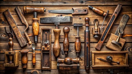 Collection of vintage woodworking tools including planes, chisels, saws, and drills