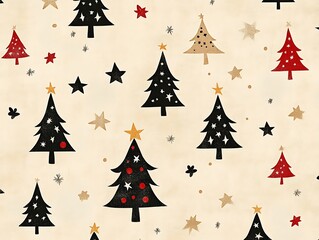 Obraz premium Hand-drawn Christmas tree and star pattern on a light beige textured background, designed to give a warm and cozy holiday feel