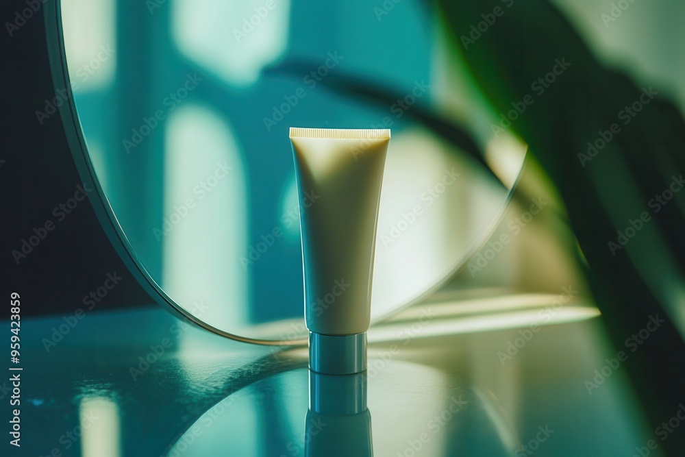 Aufkleber A tube of cream stands alone on a table, reflecting elegantly in a mirror surrounded by soft, natural light and shadows. Generative AI