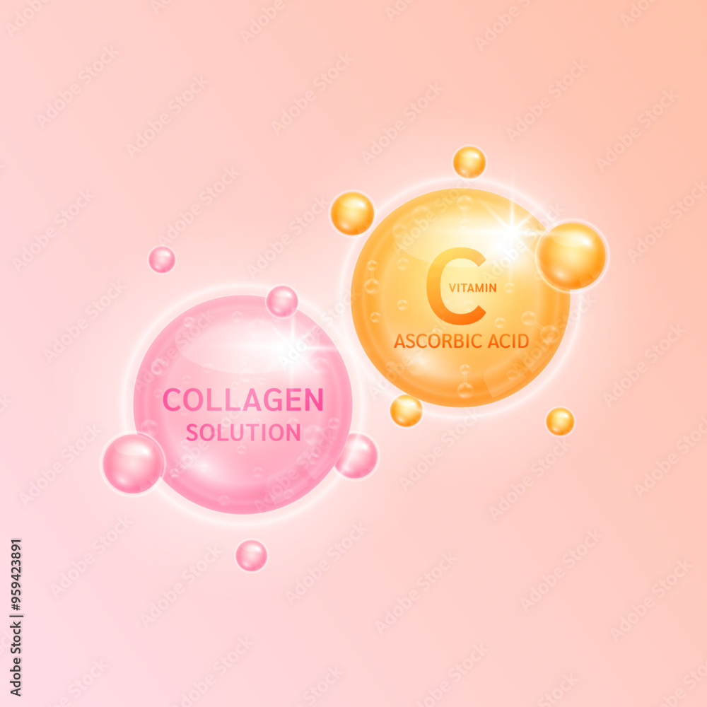 Wall mural orange ascorbic acid vitamin c and pink collagen solution. vitamins complex minerals supplements or 