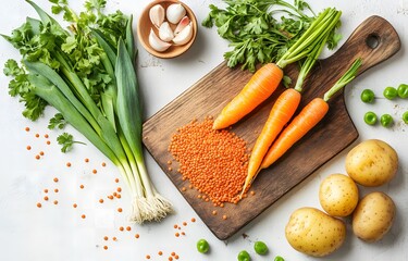 Vegetarian set of raw vegetables on wooden cutting board on light background