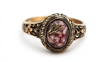 Naklejka premium Ornate Gold Ring with Red and White Stone and Leaf Design