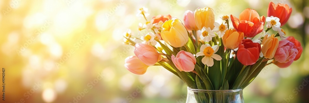 Wall mural A vibrant arrangement of tulips, daffodils, and cherry blossoms in a glass vase adds charm to a sunlit garden setting. Generative AI