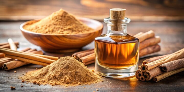 Close-up of Chandan or sandalwood powder and sticks with a bottle of perfume, creating a long-lasting fragrance, Chandan