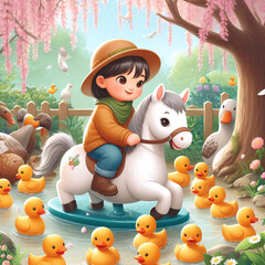 Vibrant digital art of a child on a spring horse surrounded by ducks