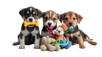 two dogs playing with ball on plain background, PNG file