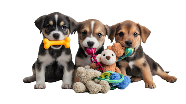 two dogs playing with ball on plain background, PNG file