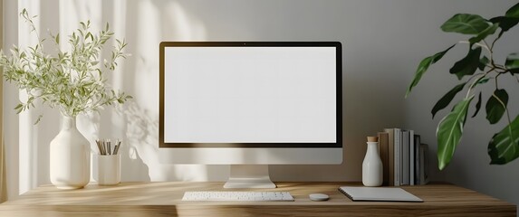 white blank computer screen on the desk of an aesthetic home office,workspace