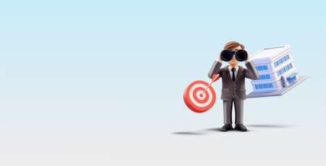 Commercial real estate building, businessman with binoculars, target, 3D. For the concepts of investment, management, and leadership. Searching for better ideas. Vector illustration.