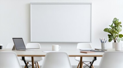 Clean and professional conference room with a blank projector screen, awaiting a business presentation