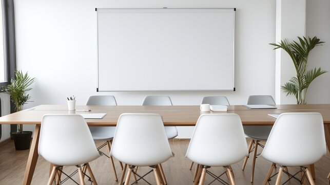 Clean and professional conference room with a blank projector screen, awaiting a business presentation