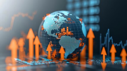 Digital globe surrounded by rising arrows, symbolizing global economic growth and stock market gains