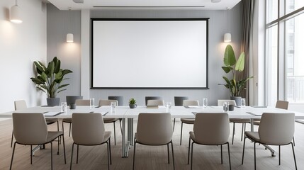 Empty meeting room with a large white projector screen, soft lighting, and sleek furniture, corporate setting