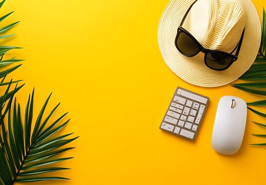 White computer keyboard, mouse and sunglasses on a yellow background