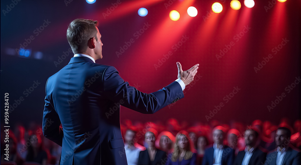 Wall mural a man in a suit is standing in front of a crowd, giving a speech