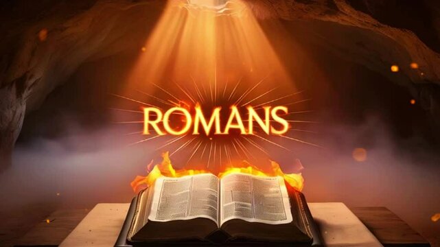 Open bible with flames around it, the word "Romans" with a bright spotlight behind it, and a cave-like background.