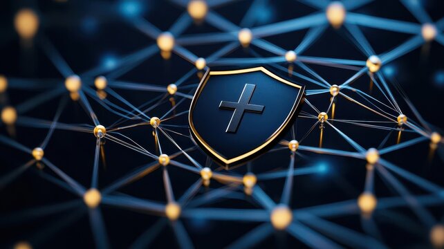 Closeup of a shield symbol in the center of a complex web of digital connections, representing a strong firewall defense