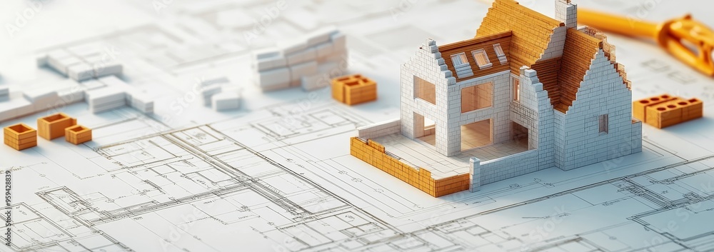 Poster a miniature house model under construction, placed on blueprints with orange bricks and a tool for b