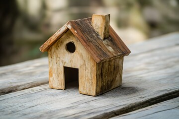 Weathered Wooden Miniature House on a Wooden Surface
