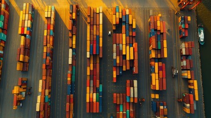 Obraz premium A busy shipping port bustling with activity as colorful cargo containers are arranged neatly along the docks under bright sunlight