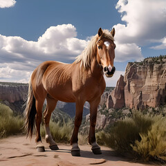 Obraz premium A brown horse with a white blaze on its forehead stands proudly against a backdrop of dramatic cliffs and a cloudy sky. 