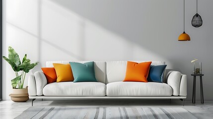 Interior poster mock up living room with colorful white sofa