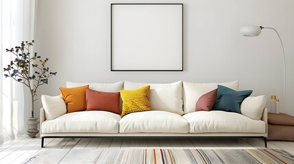 Interior poster mock up living room with colorful white sofa