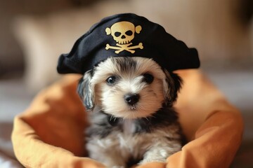 a small dog is wearing a pirate hat