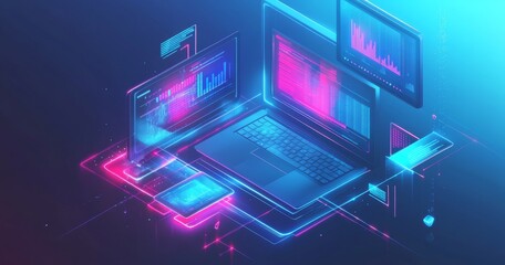 An isometric illustration of a laptop, phone, and tablet with glowing neon lines.