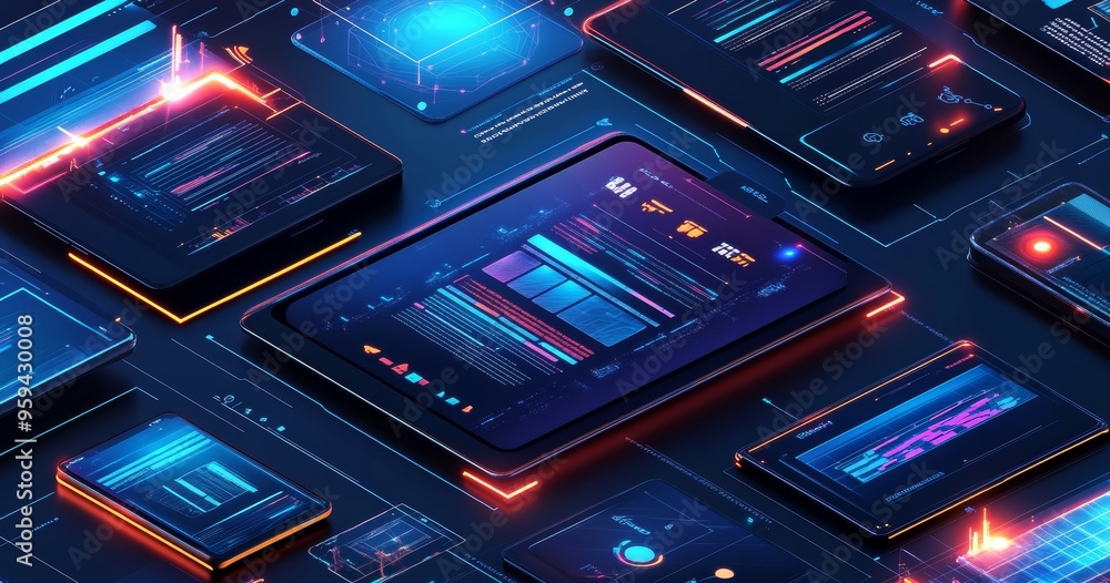 Poster A 3D illustration of a network of digital devices with glowing interfaces.