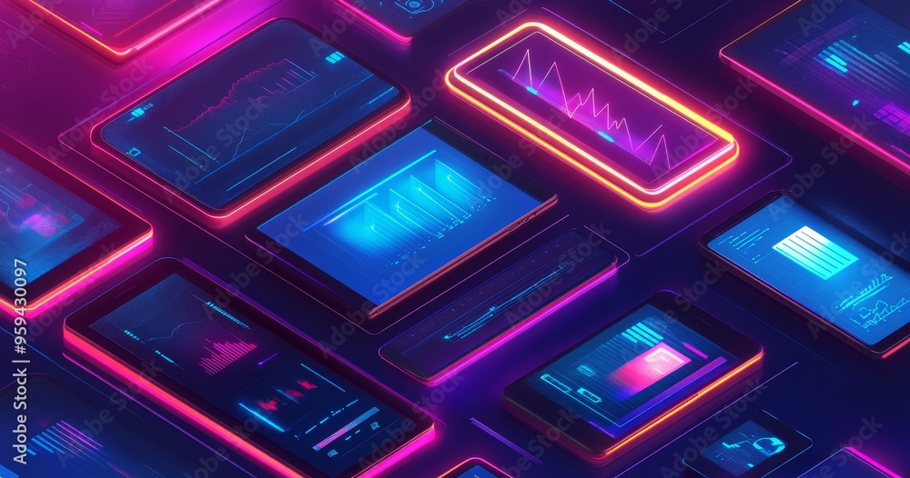 Aufkleber A pattern of glowing smartphone screens displays various data visualizations, charts, and graphs in a vibrant neon color scheme.