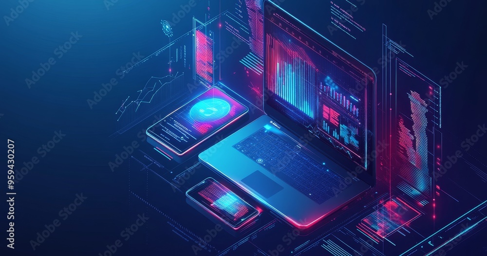 Aufkleber A laptop, a tablet and a smartphone with neon blue and red glowing displays showing graphs and charts.
