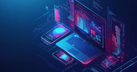 A laptop, a tablet and a smartphone with neon blue and red glowing displays showing graphs and charts.