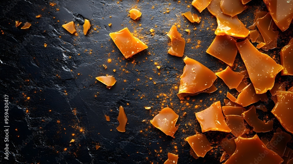 Poster 3d rendered caramel shards scattered on dark slate surface with rough texture and golden highlights
