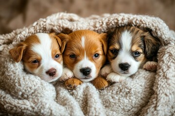 three puppies are laying on a blanket together