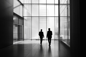 Fototapeta premium Two businessmen walking in an office building, large windows with fog outside, black and white photography.