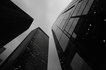 Black and white photography, skyscrapers, high contrast, low angle shot.
