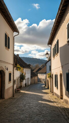 Fototapeta premium sunny sky over tranquil village street background art design backdrop