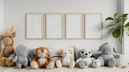 Kids bedroom with stuffed toy animals and mockup picture frames