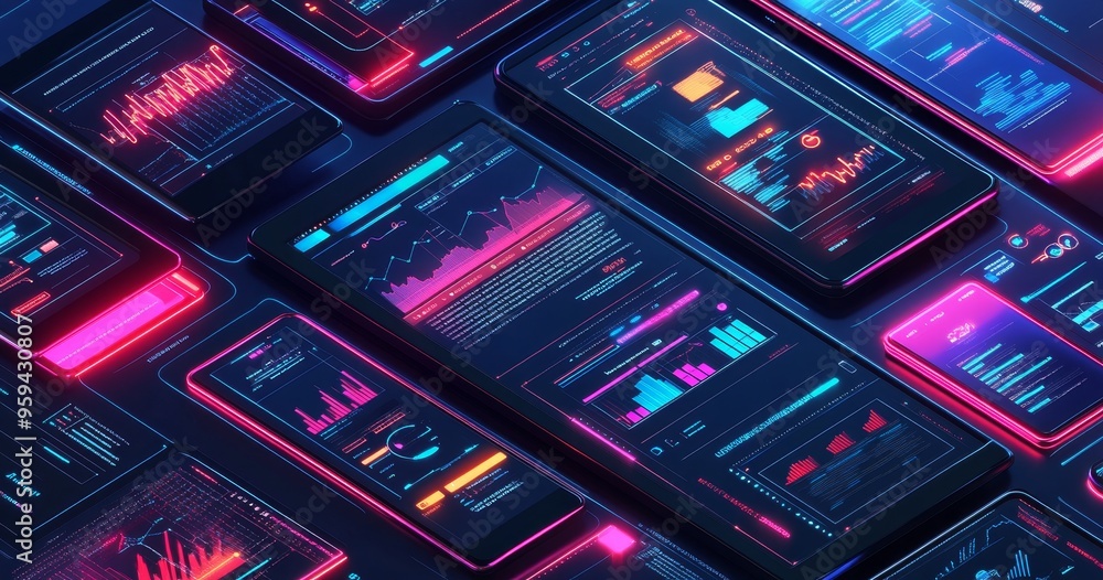 Poster Multiple glowing smartphone screens displaying data, charts, and graphs, representing digital information and technology.