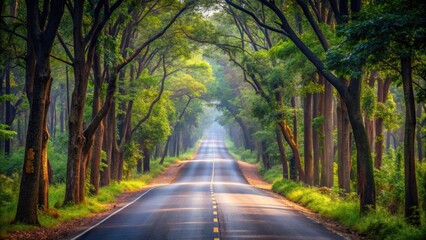 Obraz premium Beautiful empty long road in the forest in India, road, forest, India, nature, landscape, scenic, tranquil, peaceful